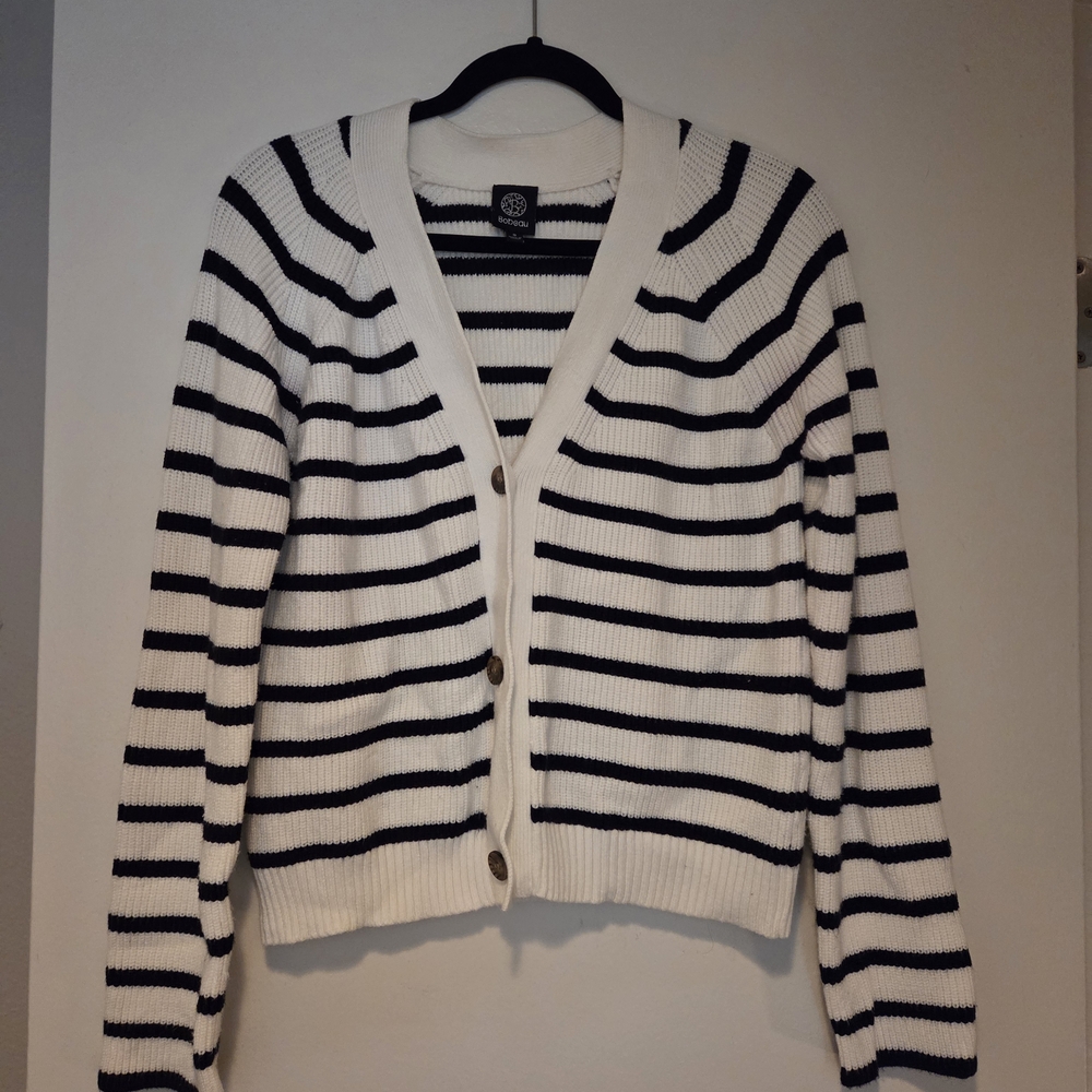 Striped V-Neck Button Cardigan Sweater - Black & White